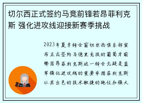 切尔西正式签约马竞前锋若昂菲利克斯 强化进攻线迎接新赛季挑战